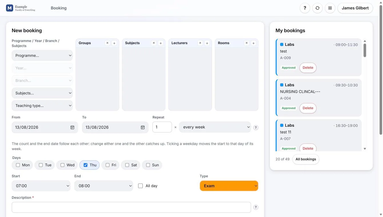 A lecturer booking their available teaching hours in the Wise Timetable web booking system, with the booking form on the left and their existing bookings on the right